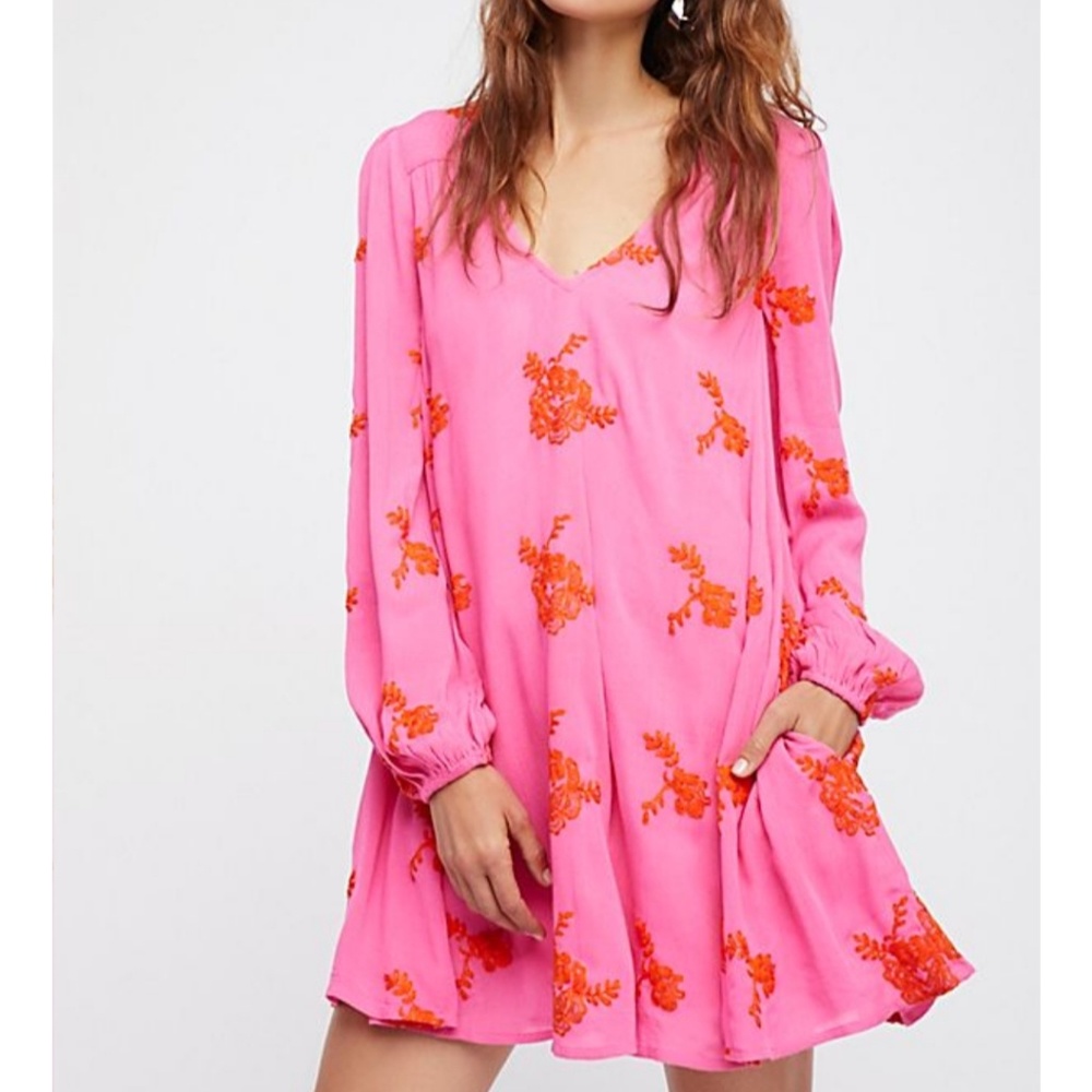 Free People Pink Dress with Orange Floral Embroidery